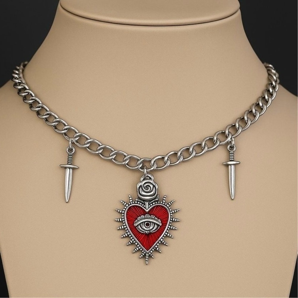 New Red Corazon Sagrado Sacred Heart Choker Charm Necklace Chunky Swords Goth